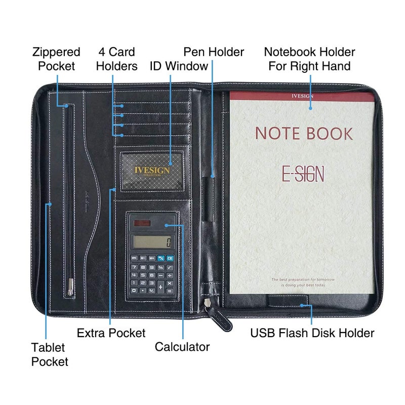 IVESIGN Faux Leather Portfolio Padfolio Organizer with Calculator, Writing Pad, Zipper Closure, Tablet Sleeve, Clipboard with Storage, Document Organizer, Business Card Holder, Note Pads-Black - Image 3